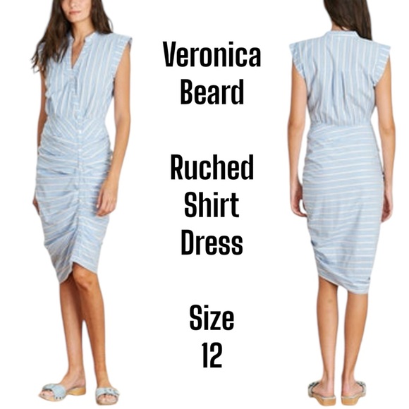 Veronica Beard Blue Stripe Ruched Shirt Dress Size 12 - Picture 2 of 7